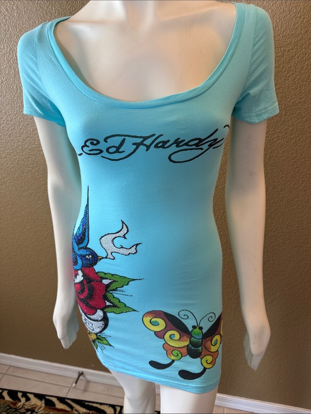 Ed Hardy Aqua Scoop Neck Graphic Bodycon Dress